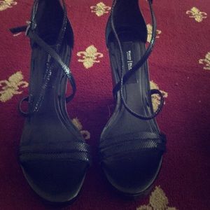 Black high wedge platform ankle strap shoe